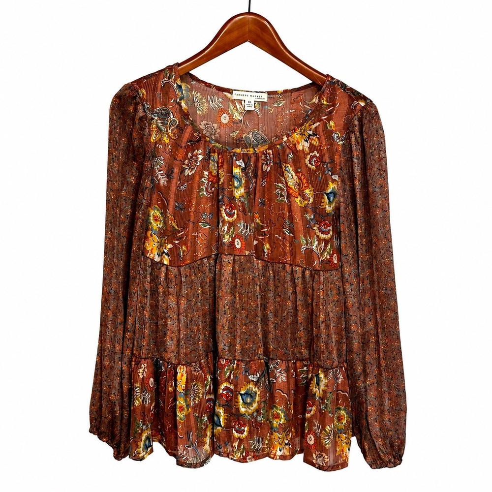 Farmers Market by One World Rust Floral Paisley Tiered Peasant Blouse XL Lurex